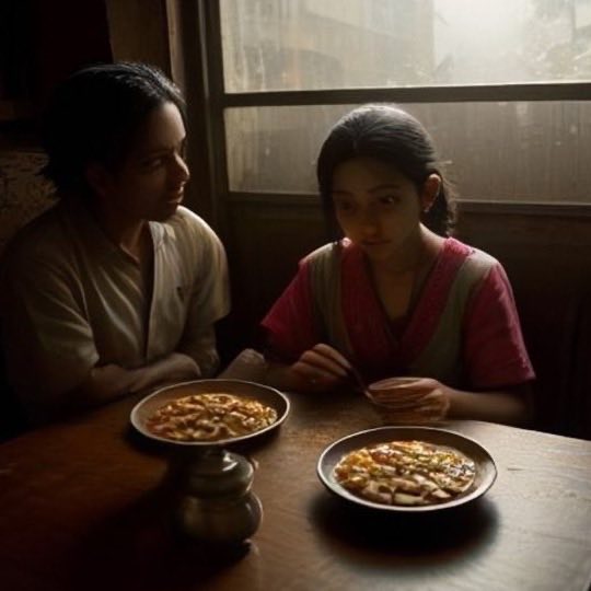 Two people at a corner table by a rainy window, a plate of misal in front of each.