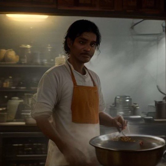 A cook in an apron stirring a large pan of misal in a steamy kitchen.